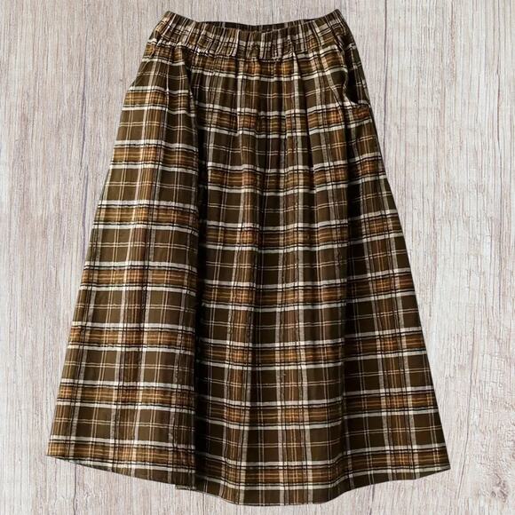 Brown Plaid A-Line Midi Skirt Pockets Size Large Lagenlook Oversize Gather NWT - Picture 4 of 6